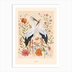 Folksy Floral Animal Drawing Crane 2 Poster Art Print