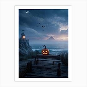 Halloween Themed Coastal Landscape During Dusk Featuring A Jack O Lantern With A Glowing Eye Perched (2) Art Print