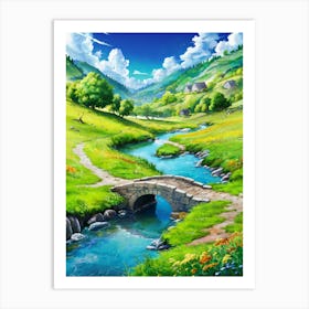 Lofi Anime Art: Picturesque countryside with a stone bridge, vibrant wildflowers, and rolling green hills. Perfect for peaceful and nostalgic vibes. Art Print