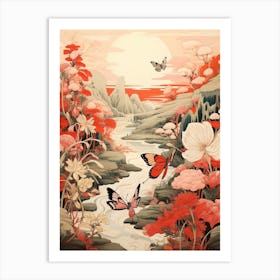 Red Flowers & Sun Japanese Style Painting Art Print