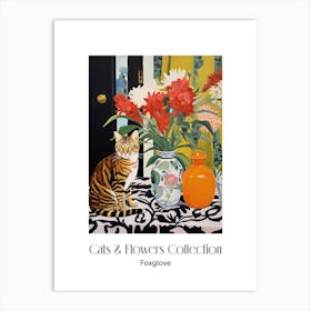 Cats & Flowers Collection Foxglove Flower Vase And A Cat, A Painting In The Style Of Matisse 2 Art Print