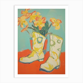 Painting Of Yellow Flowers And Cowboy Boots, Oil Style 6 Art Print