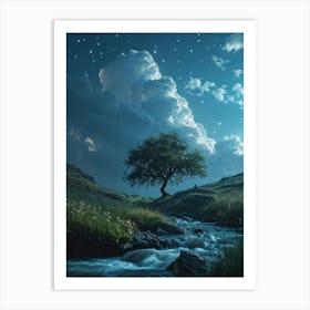 Live Action Scene Singular Majestic Tree Standing In The Center Of A Plateau Meadow Small River Su Art Print