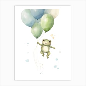 Baby Frog Flying With Ballons, Watercolour Nursery Art 1 Art Print