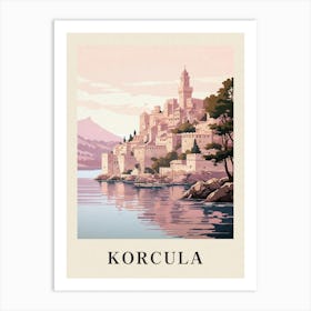 Korcula Croatia 3 Vintage Pink Travel Illustration Poster Art Print