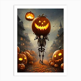 Skeleton Carrying Pumpkins Art Print