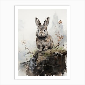 Rabbit, Japanese Brush Painting, Ukiyo E, Minimal 3 Art Print