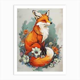 Amazing Red Fox With Flowers 11 Art Print