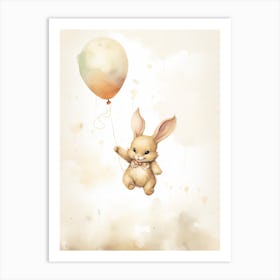 Baby Rabbit Flying With Ballons, Watercolour Nursery Art 2 Art Print