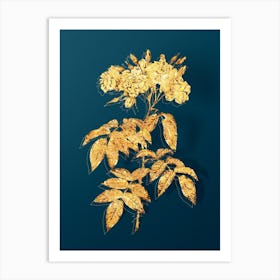 Vintage Musk Rose Botanical in Gold on Teal Blue n.0033 Art Print