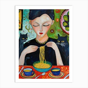 Portrait Of A Woman With Cats Eating Spaghetti 1 Art Print