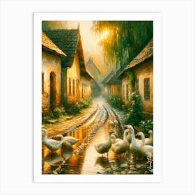 A Flock Of Geese In A Rustic Slavonian Village 2 Art Print