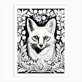 Fox In The Forest Linocut White Illustration 14 Art Print