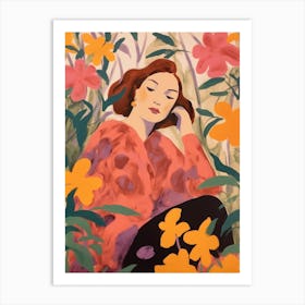 Woman With Autumnal Flowers Bougainvillea Art Print