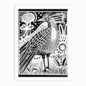 B&W Bird Linocut Roadrunner 3 Art Print