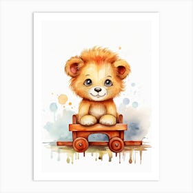 Baby Lion On A Toy Car, Watercolour Nursery 1 Art Print