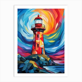 Lighthouse Tower at Sunset V, Vibrant Colorful Painting in Cubism Picasso Style Art Print