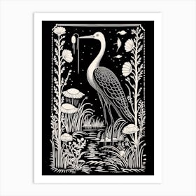 B&W Bird Linocut Crane 2 Art Print