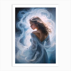 Girl In A Blue Dress with smoke Art Print