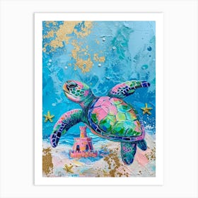 Sea Turtle With A Sand Castle Abstract Painting Art Print