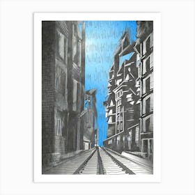 Railway track between buildings Art Print