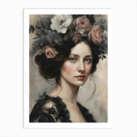 Portrait Of Woman Flowers In Hair Art Print