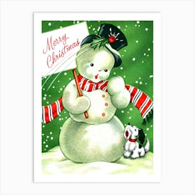 Snowman And A Little Dog Outside Wish You A Merry Christmas Art Print