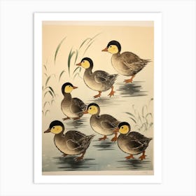 Illustration Of Ducklings Japanese Woodblock Style Art Print