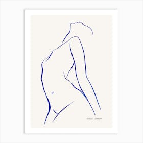 Minimal Blue Female Line Drawing Looking Up Art Print