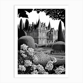 Château De Villandry Gardens, 1, France Linocut Black And White Vintage Art Print