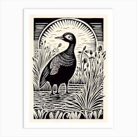 B&W Bird Linocut Coot 2 Art Print