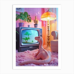 Pastel Pink Toy Dinosaur Watching Tv Art Print
