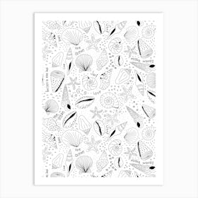 Scattered Seashells and Surfer Lingo Black and White Line Art Art Print