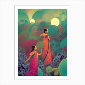 Two Women Walking In The Forest Art Print