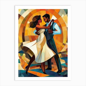 Latin American Hispanic Male And Female Couple Dancing The Ballroom Calypso Dance Shown In An Abstract Cubist Art Print