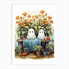 Cute Bedsheet Ghost, Botanical Halloween Watercolour 126 Art Print