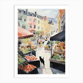 Food Market With Cats In Stockholm 2 Watercolour Art Print