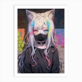 Kawaii Aesthetic Colorful Nekomimi Anime Cat Girl Urban Graffiti Style 2 Art Print