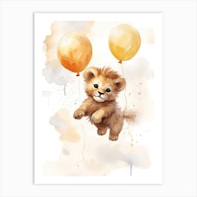 Baby Lion Flying With Ballons, Watercolour Nursery Art 1 Art Print