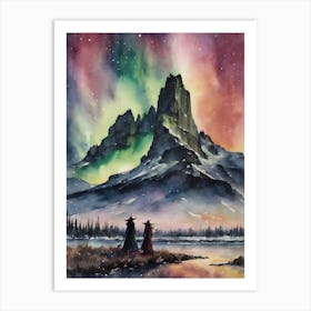 Winter Witches Watch The Northern Lights ~ Yule Witchy Witchcraft Pagan Artwork Watercolor Illustration Witch Fairytale Gothic Art Print