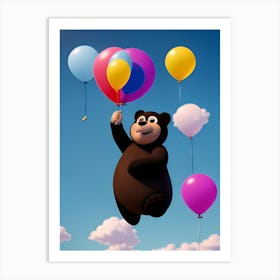 Cartoon Bear Flying With Balloons Art Print