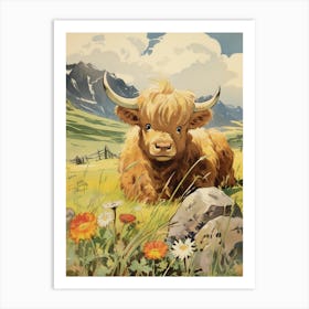 Cute Highland Cow In Flowery Field Art Print