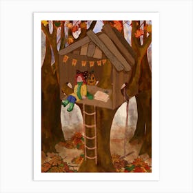 Treehouse Autumn Halloween Ginger Girl Little Witch Art Print