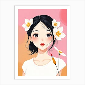 Asian Girl With Flowers 1 Art Print