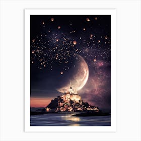 Mont Saint Michel Church, Moon And Chinese Lanterns Art Print