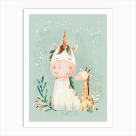Giraffe & Unicorn Pastel Storybook Style 3 Art Print