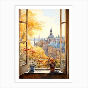Window View Of Stockholm Sweden In Autumn Fall, Watercolour 1 Art Print
