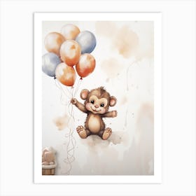 Baby Monkey Flying With Ballons, Watercolour Nursery Art 2 Art Print