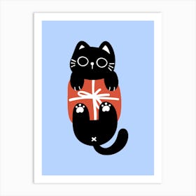 Black Cat With Gift cute christmas illustration Art Print