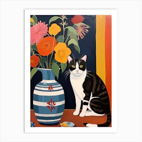 Daisy Flower Vase And A Cat, A Painting In The Style Of Matisse 0 Art Print